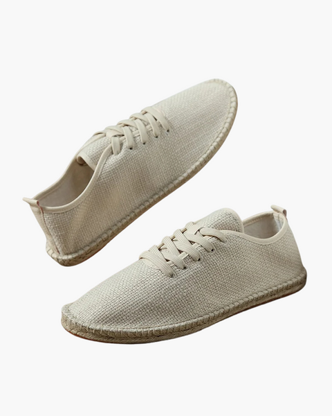 Sapato casual masculino de linho bege com solado de corda, ideal para o verão.