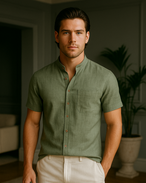 Vista frontal da versão verde da camisa com gola mandarim e botões elegantes. Perfeita para o casual refinado, com bolso!