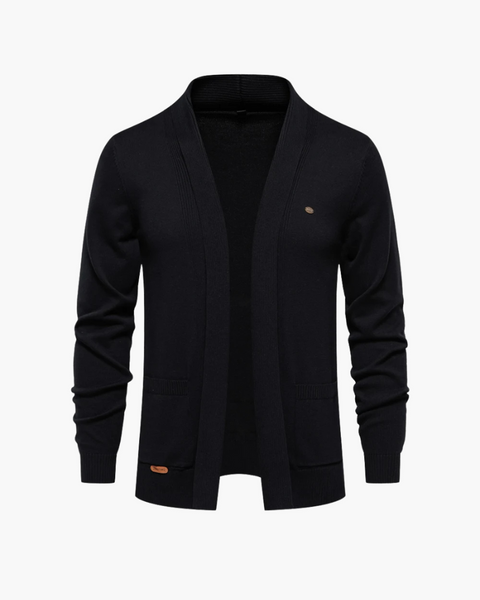Cardigan masculino old money azul marinho, feito de algodão, com gola aberta e estilo clássico para inverno. OLD MONEY