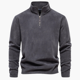 Pulôver masculino com zíper frontal, ideal para inverno elegante no estilo old money.
