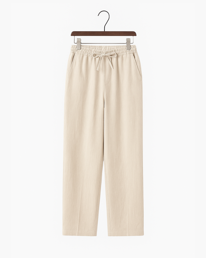 Calça masculina vintage em linho puro com caimento reto.