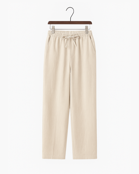 Calça masculina vintage em linho puro com caimento reto.