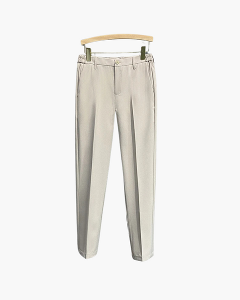 Calça social com cintura elástica e design clássico, ideal para uso diário sofisticado