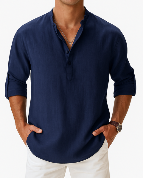 Camisa de verão masculina com estética old money, tecido respirável e toque sofisticado para uso diário ou ocasiões especiais.