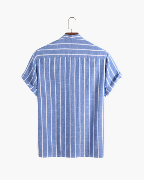 Camisa polo listrada azul masculina de verão no estilo old money