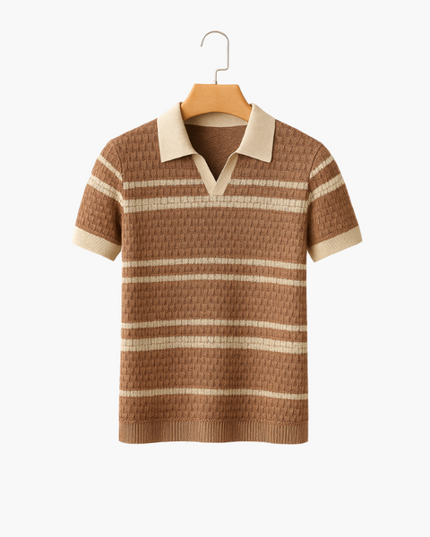 Camisa polo masculina marrom estilo old money com malha jacquard