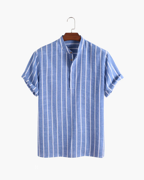 Camisa polo listrada azul masculina de verão no estilo old money com gola padre
