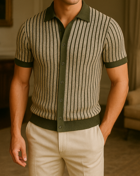 Vista traseira da camisa polo listrada, ideal para composições refinadas e discretas.