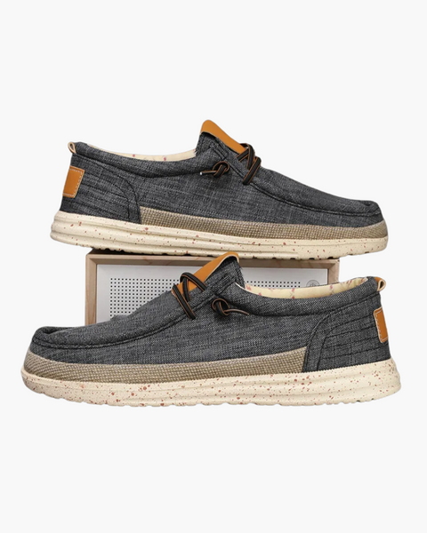 Mocassim cinza com lona respirável e estilo italiano casual refinado.