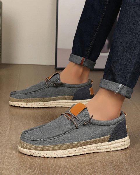 Estilo europeu retrô com elegância discreta em lona azul.
