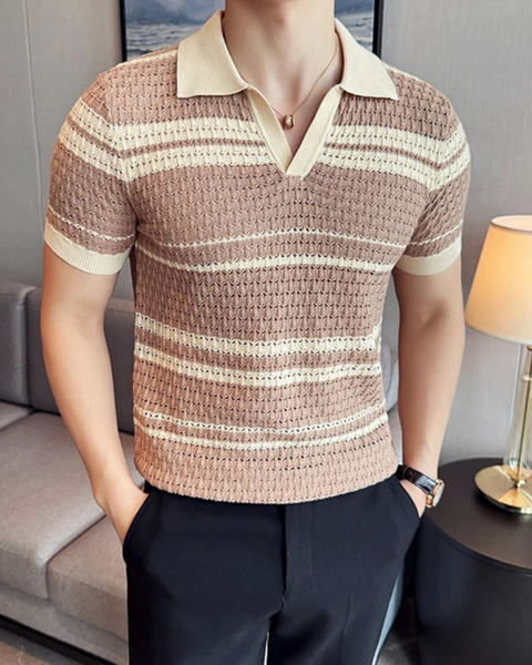 Camisa de verão com gola V e textura clássica casual masculina