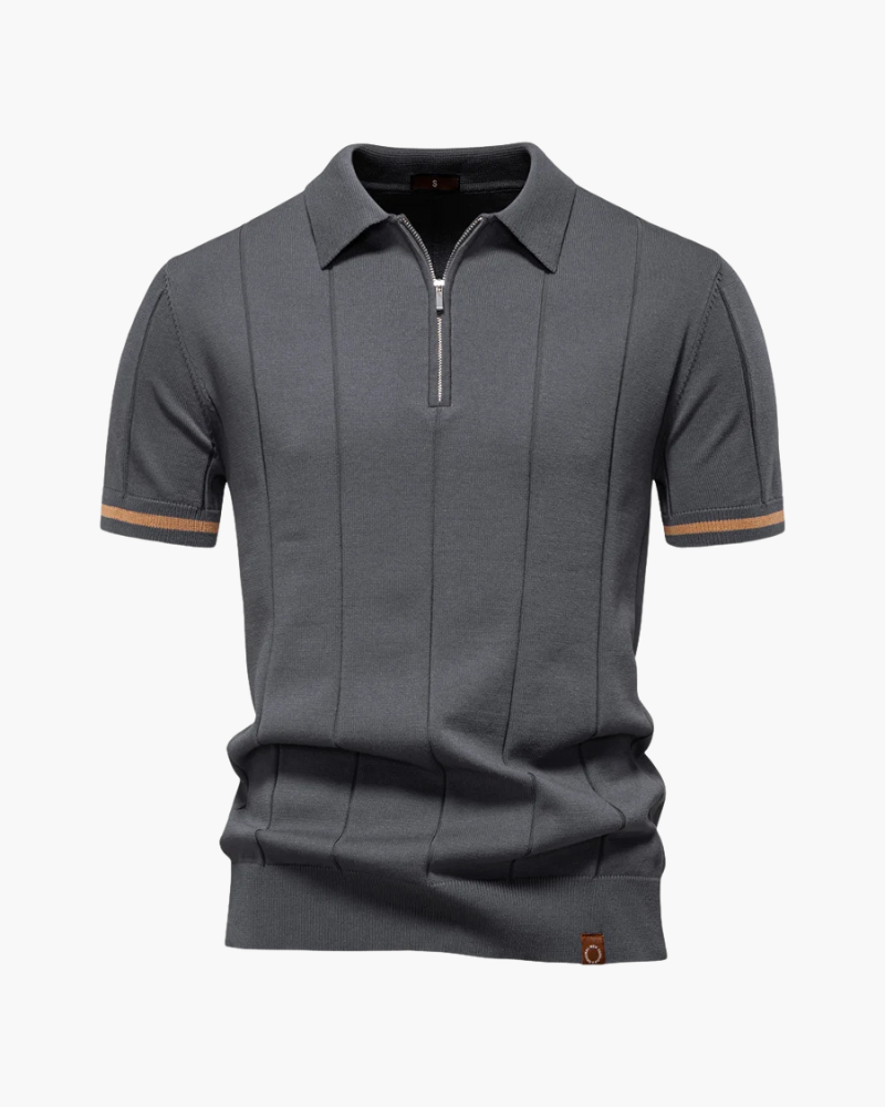 Polo masculina de verão com zíper elegante e tecido leve para homens que valorizam a estética clássica e atemporal.